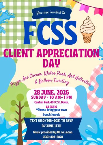 A colorful flyer in blue, green, magenta, and yellow promoting a Client appreciation event that provides information on the date and activities.